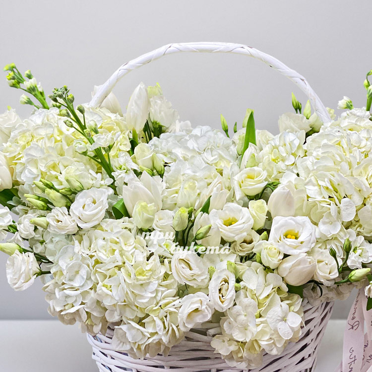 Корзина тюльпанов и гортензий (крупный план)